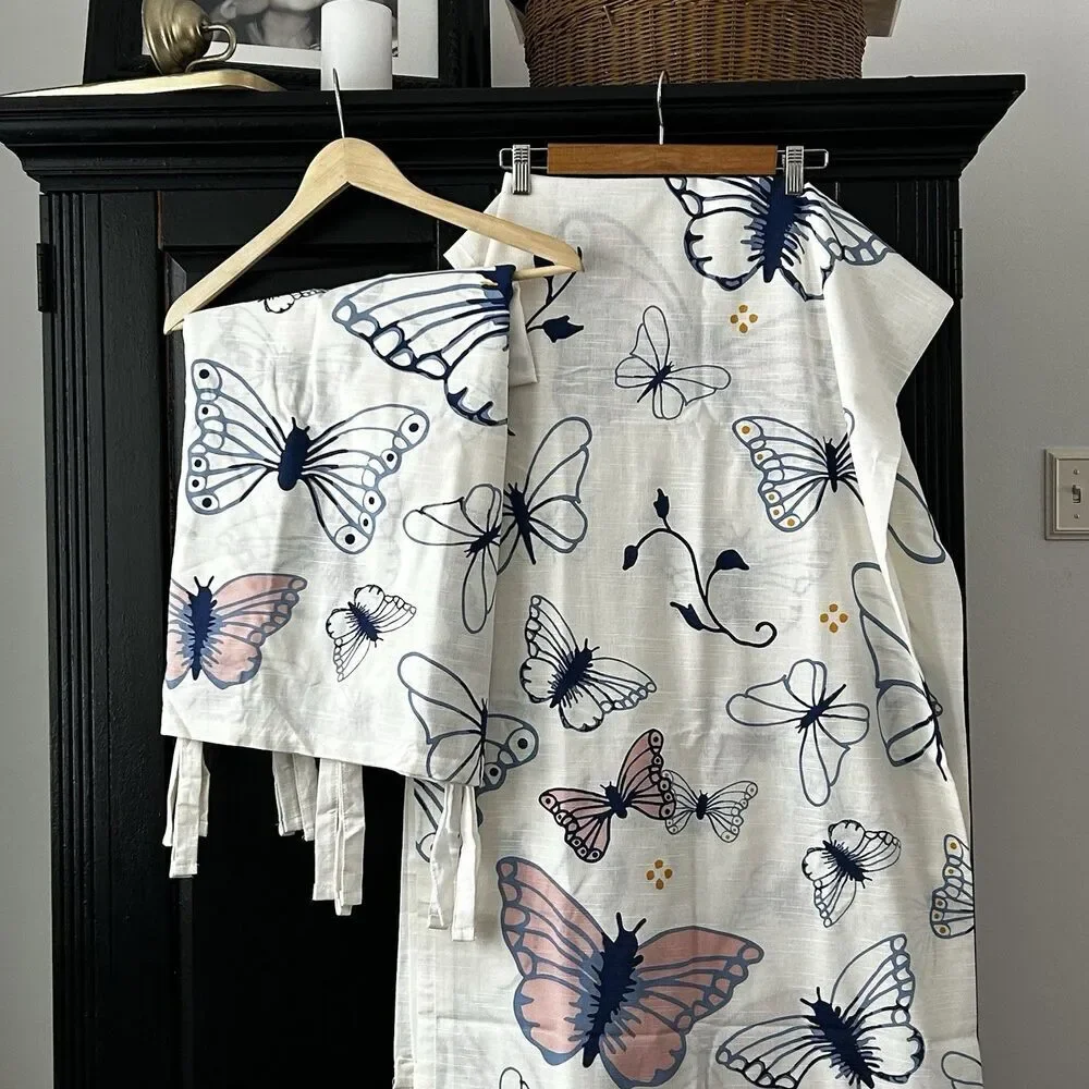 IKEA Sanglarka Curtains Set of 2 Panels w/Tie Backs Butterfly Print 47